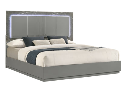 Elara Queen Bed – Two-Tone High-Gloss Marble & Lacquer Finish with LED Lighting, Metal-Finished Legs- Gray