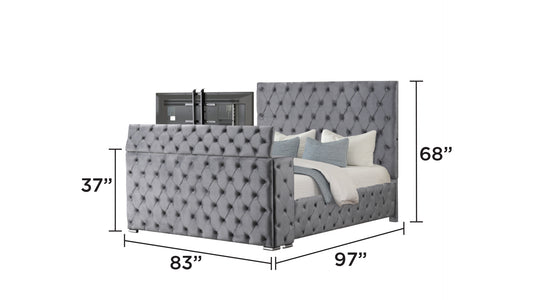 King Gray Wood Bed Frame with Tufted Headboard