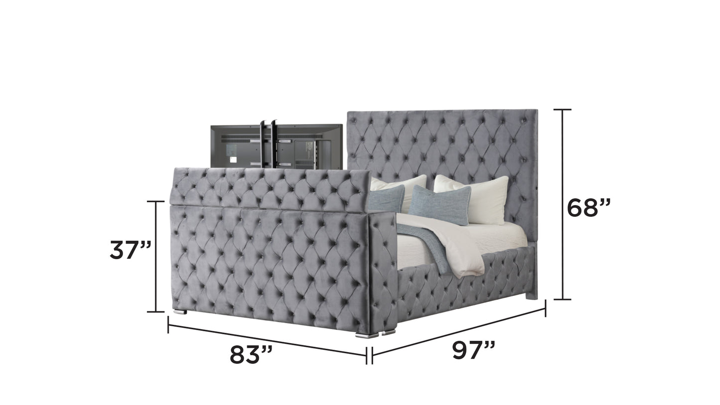 King Gray Wood Bed Frame with Tufted Headboard