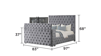 King Gray Wood Bed Frame with Tufted Headboard
