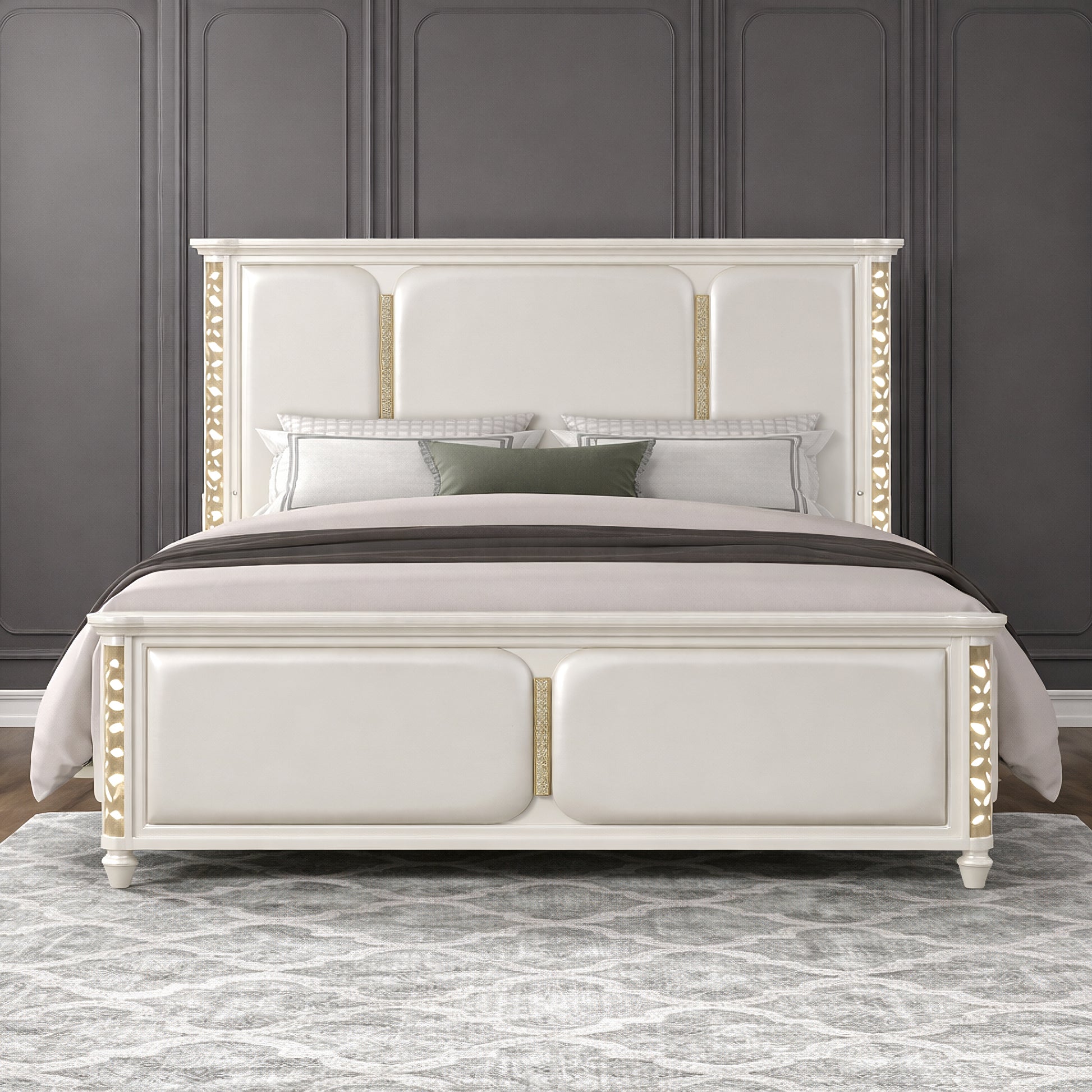 Cinderella Traditional Style Queen Size Upholstered Bed with LED and Gold Accents – Beige