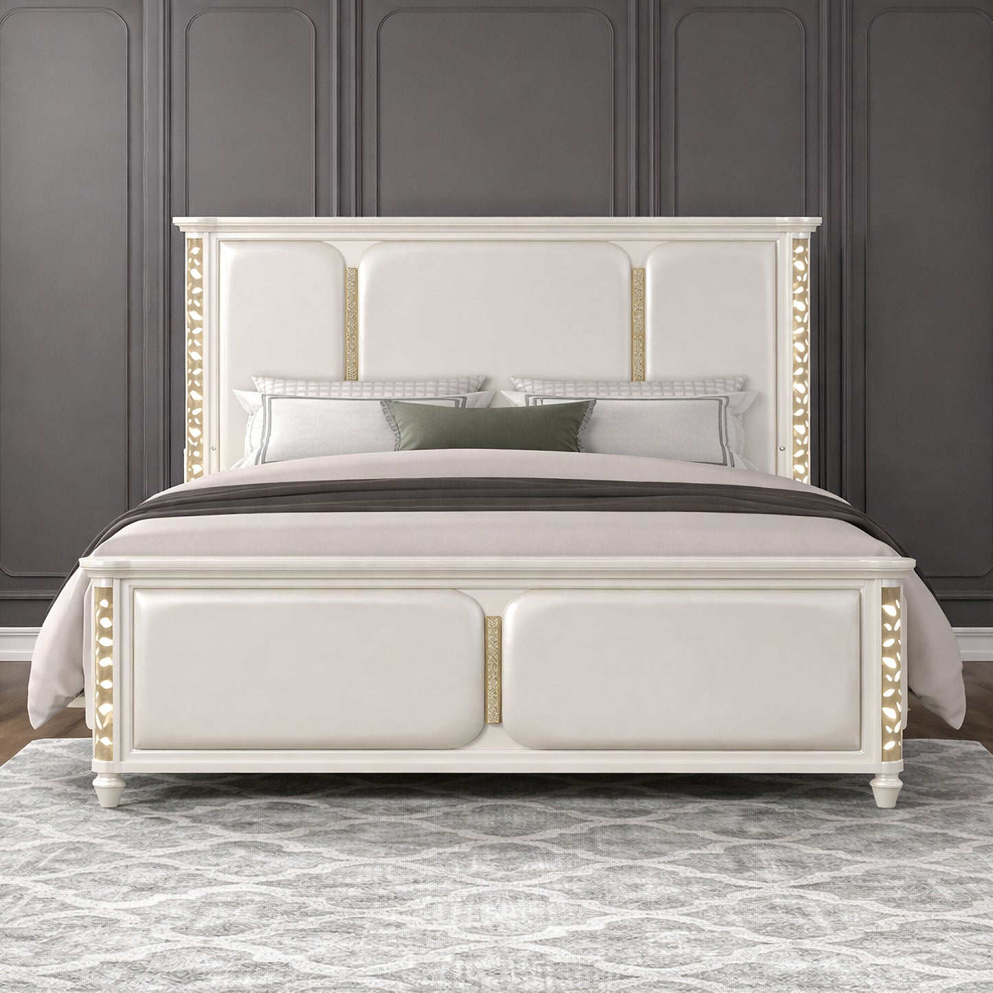 Cinderella Traditional Style King Size Upholstered Bed with LED and Gold Accents – Beige