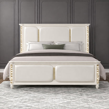Cinderella Traditional Style King Size Upholstered Bed with LED and Gold Accents – Beige