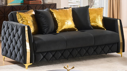 Lippa Upholstered Sofa in Black Fabric with Gold Stainless Steel Legs, Foam Cushioning and Sturdy Wood Frame