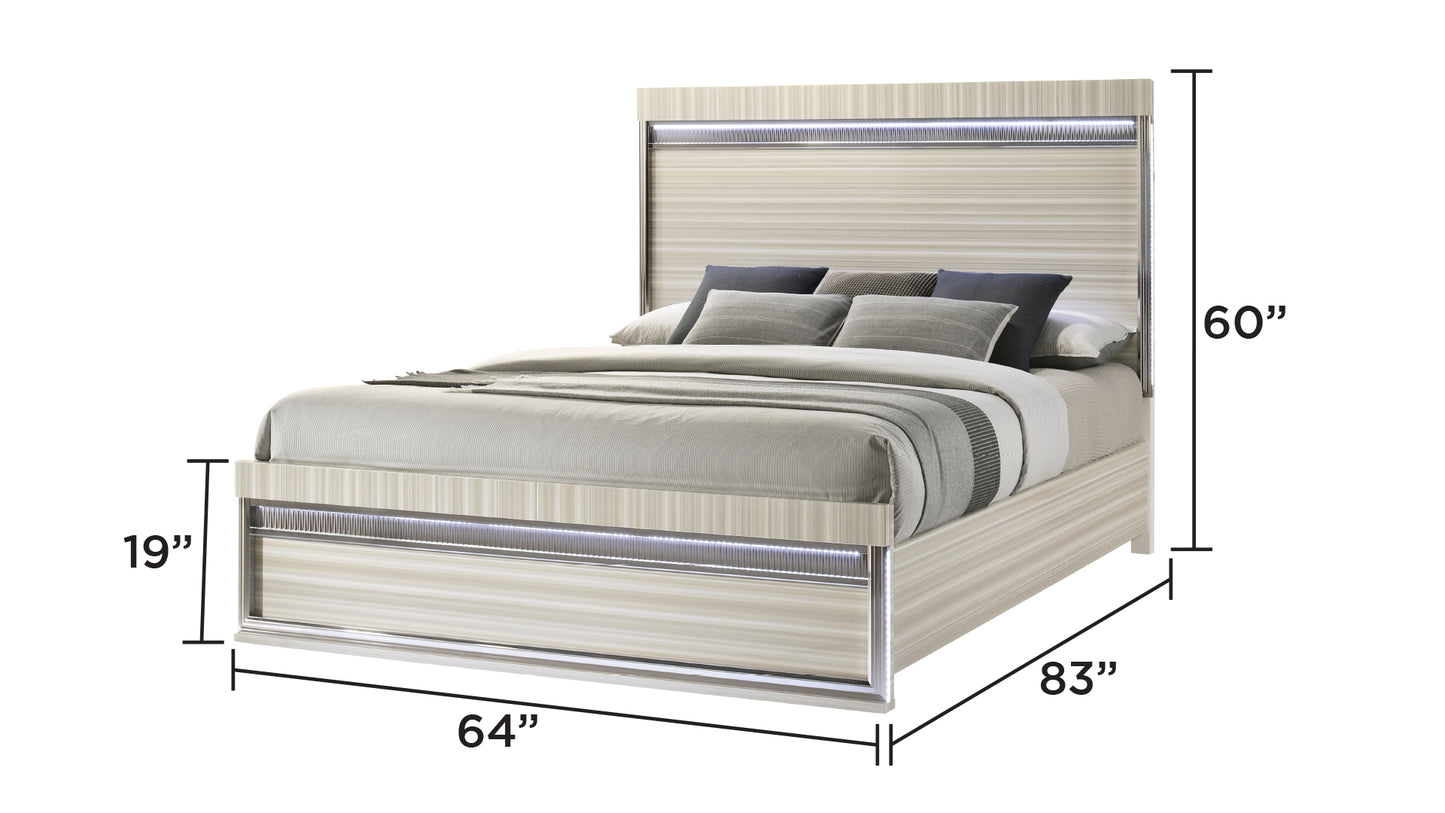 Modern Gray Wood Queen Slat Bed with LED Lighting and Panel Headboard for Bedroom