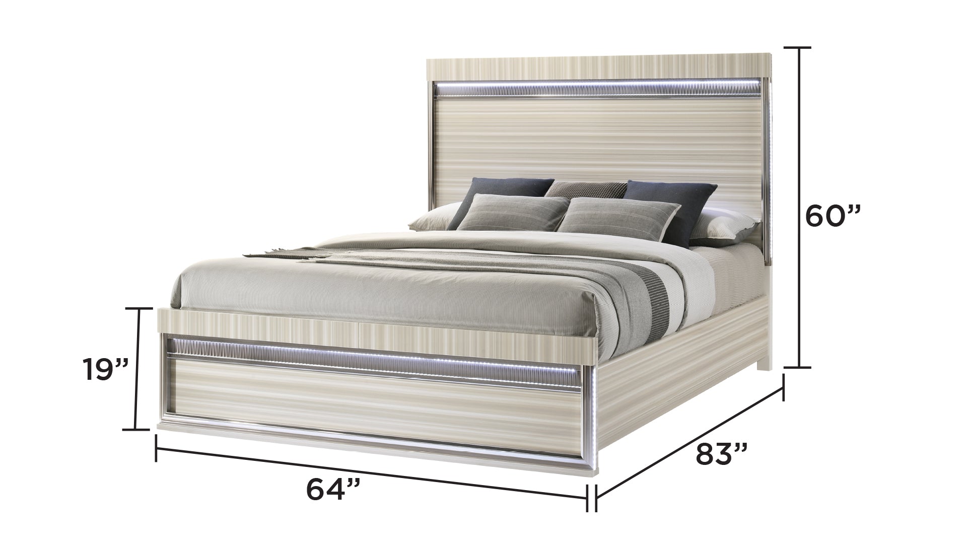 Modern Gray Wood Queen Slat Bed with LED Lighting and Panel Headboard for Bedroom