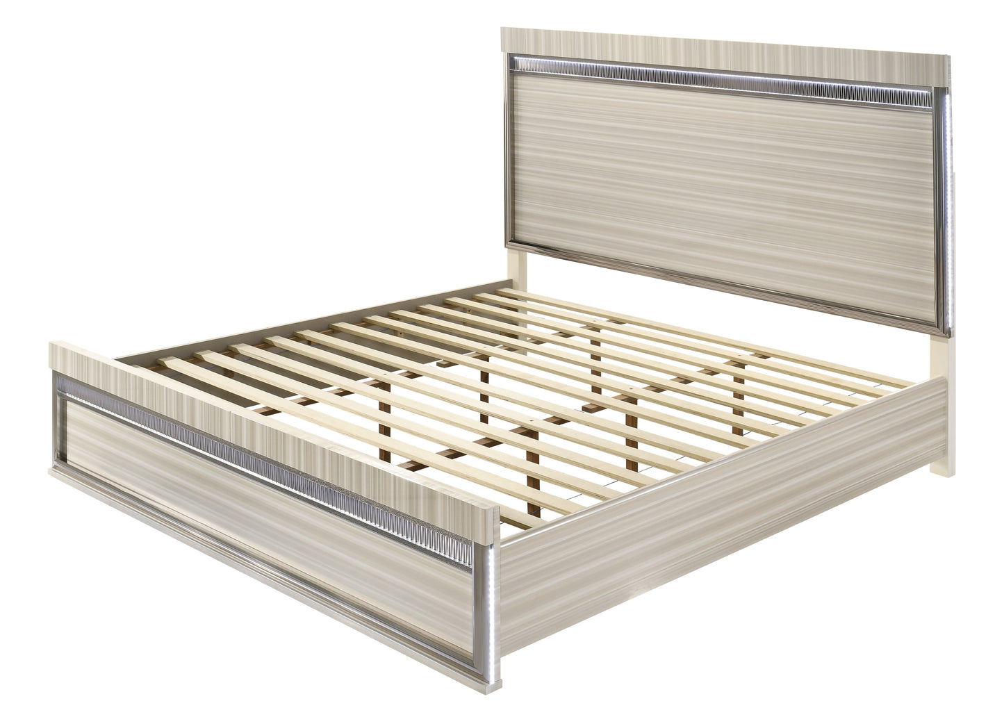 Modern Gray Wood Queen Slat Bed with LED Lighting and Panel Headboard for Bedroom