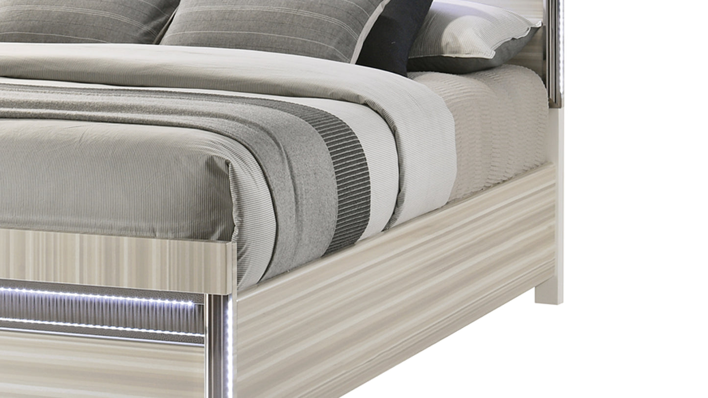 Modern Gray Wood Queen Slat Bed with LED Lighting and Panel Headboard for Bedroom