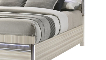 Modern Gray Wood Queen Slat Bed with LED Lighting and Panel Headboard for Bedroom