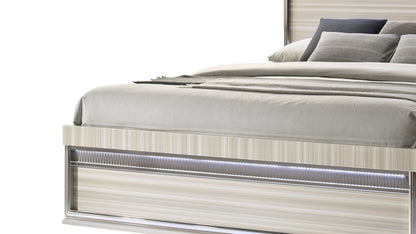 Modern Gray Wood Queen Slat Bed with LED Lighting and Panel Headboard for Bedroom