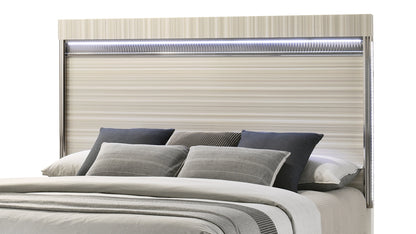 Modern Gray Wood Queen Slat Bed with LED Lighting and Panel Headboard for Bedroom