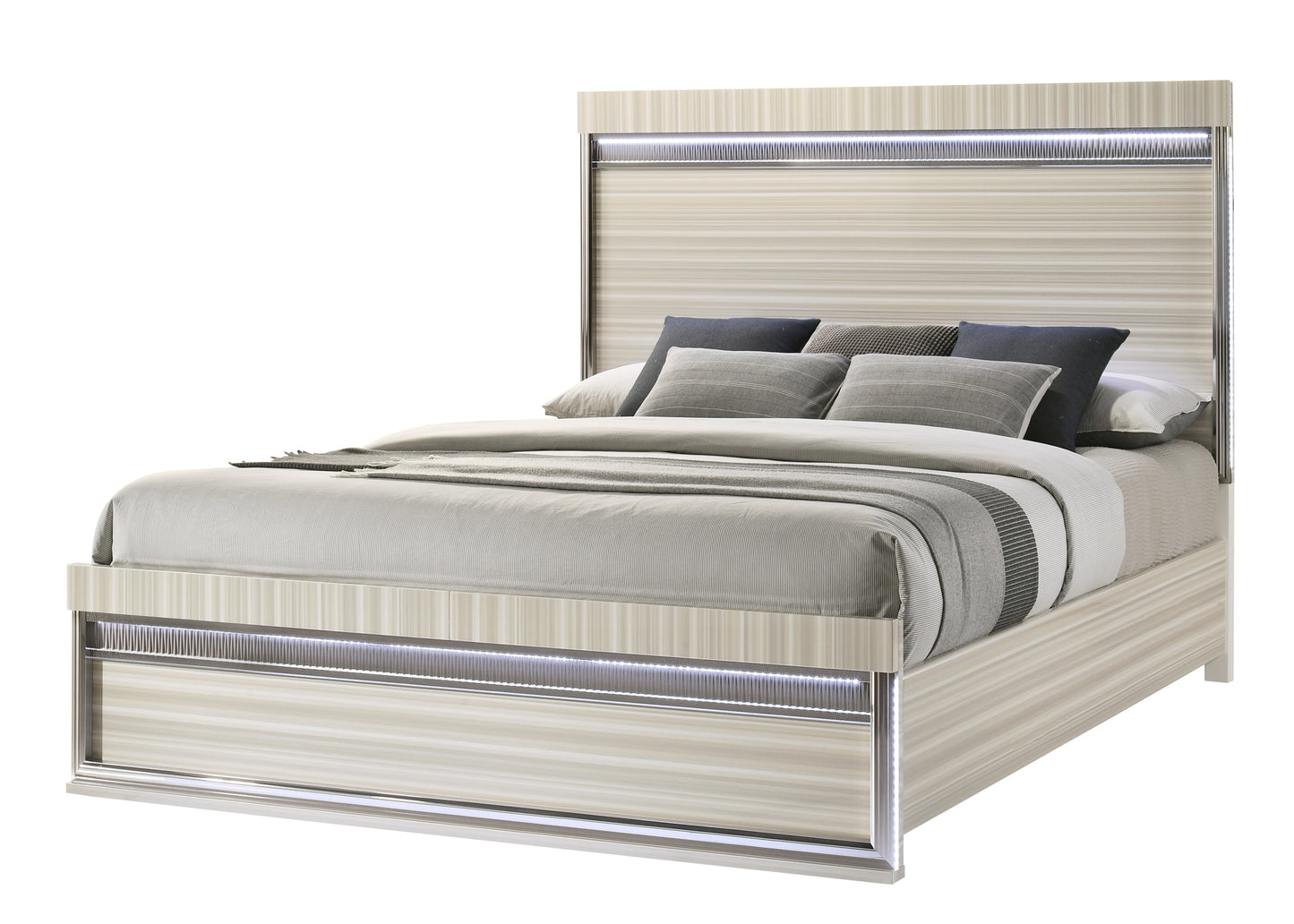 Leonor Modern Style Queen Bed Made with Wood and LED Lighting in Gray with Clean Linear Detailing