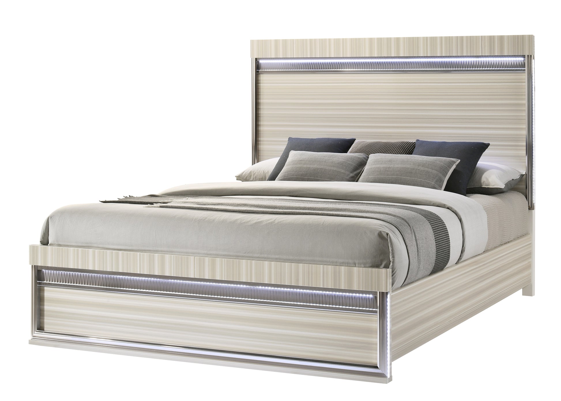 Leonor Modern Style Queen Bed Made with Wood and LED Lighting in Gray with Clean Linear Detailing