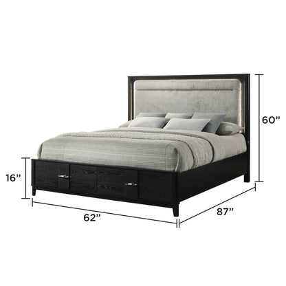 Queen Storage Bed - Black Wood Frame with Velvet Drawers