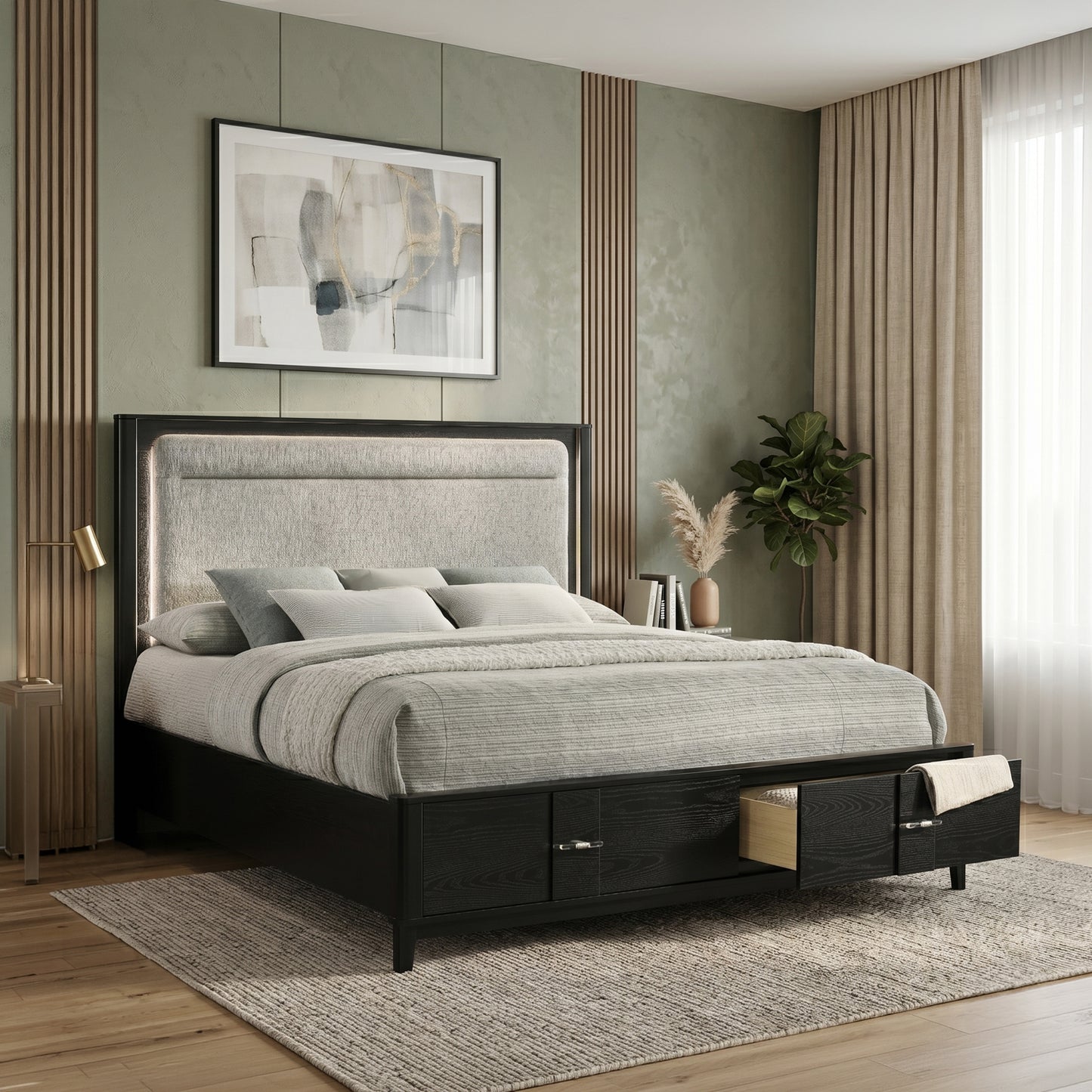 Queen Storage Bed - Black Wood Frame with Velvet Drawers