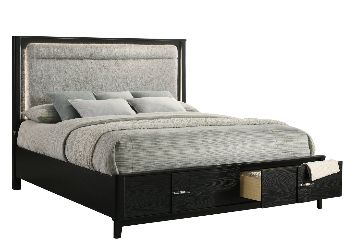 Queen Storage Bed - Black Wood Frame with Velvet Drawers
