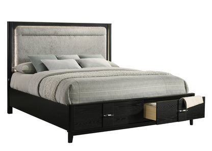 Queen Storage Bed - Black Wood Frame with Velvet Drawers