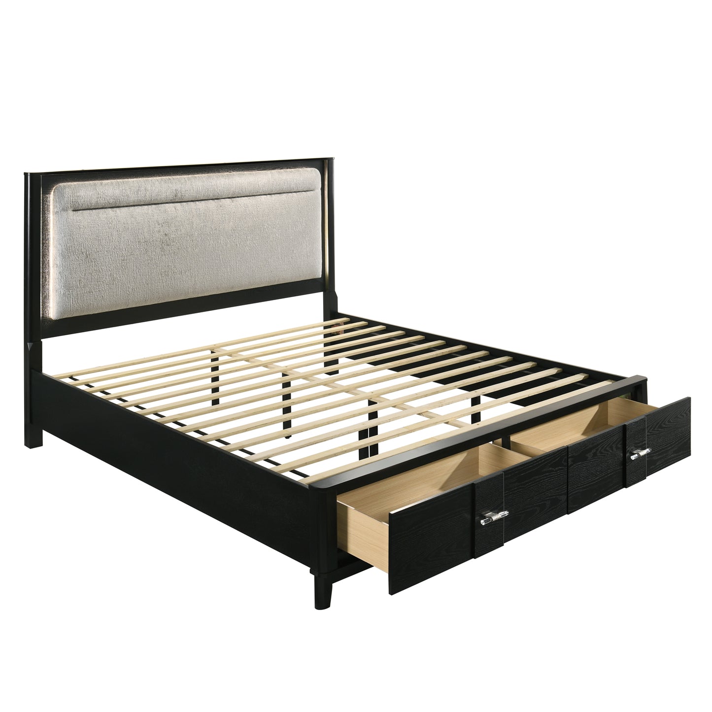Queen Storage Bed - Black Wood Frame with Velvet Drawers