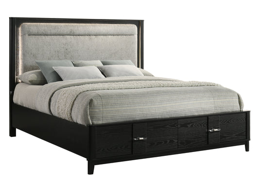 Opel Modern Queen Storage Bed with LED Upholstered Headboard, Sintered Stone Top, Velvet-Lined Storage Drawers in Black Wood-Grain Finish