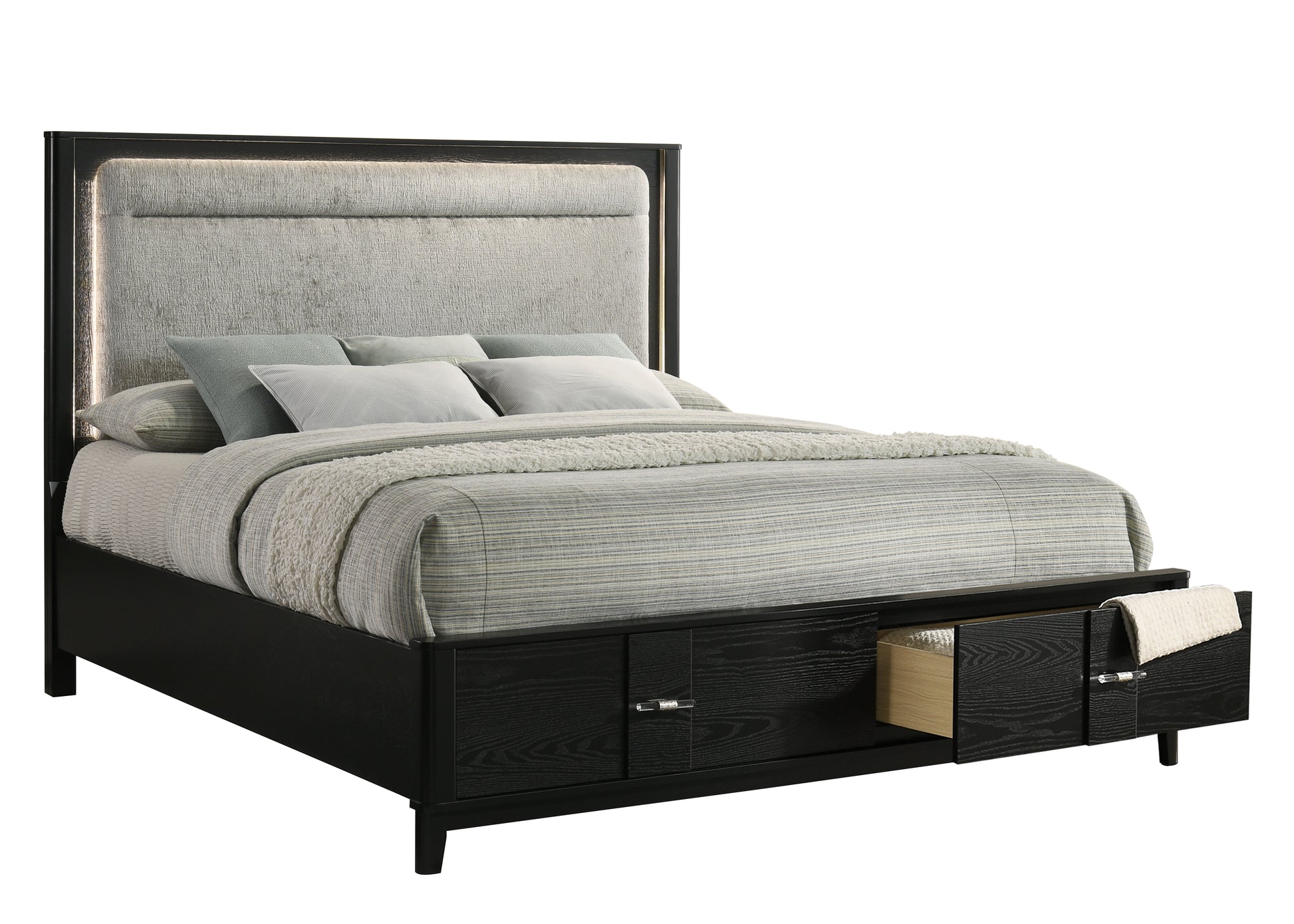 King Size Wood Storage Bed with LED Headboard for Bedroom