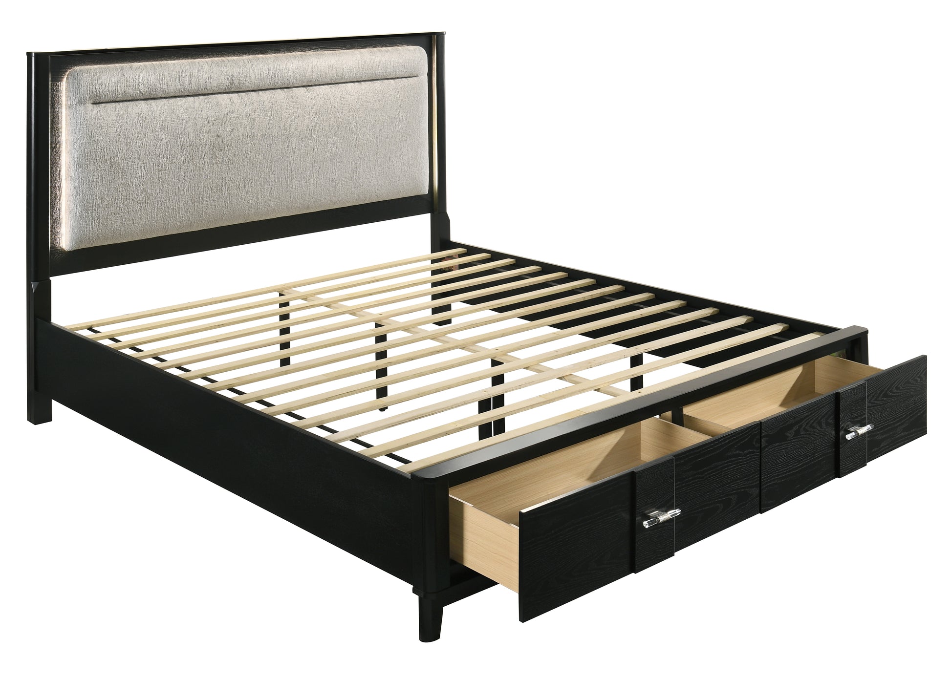 King Size Wood Storage Bed with LED Headboard for Bedroom