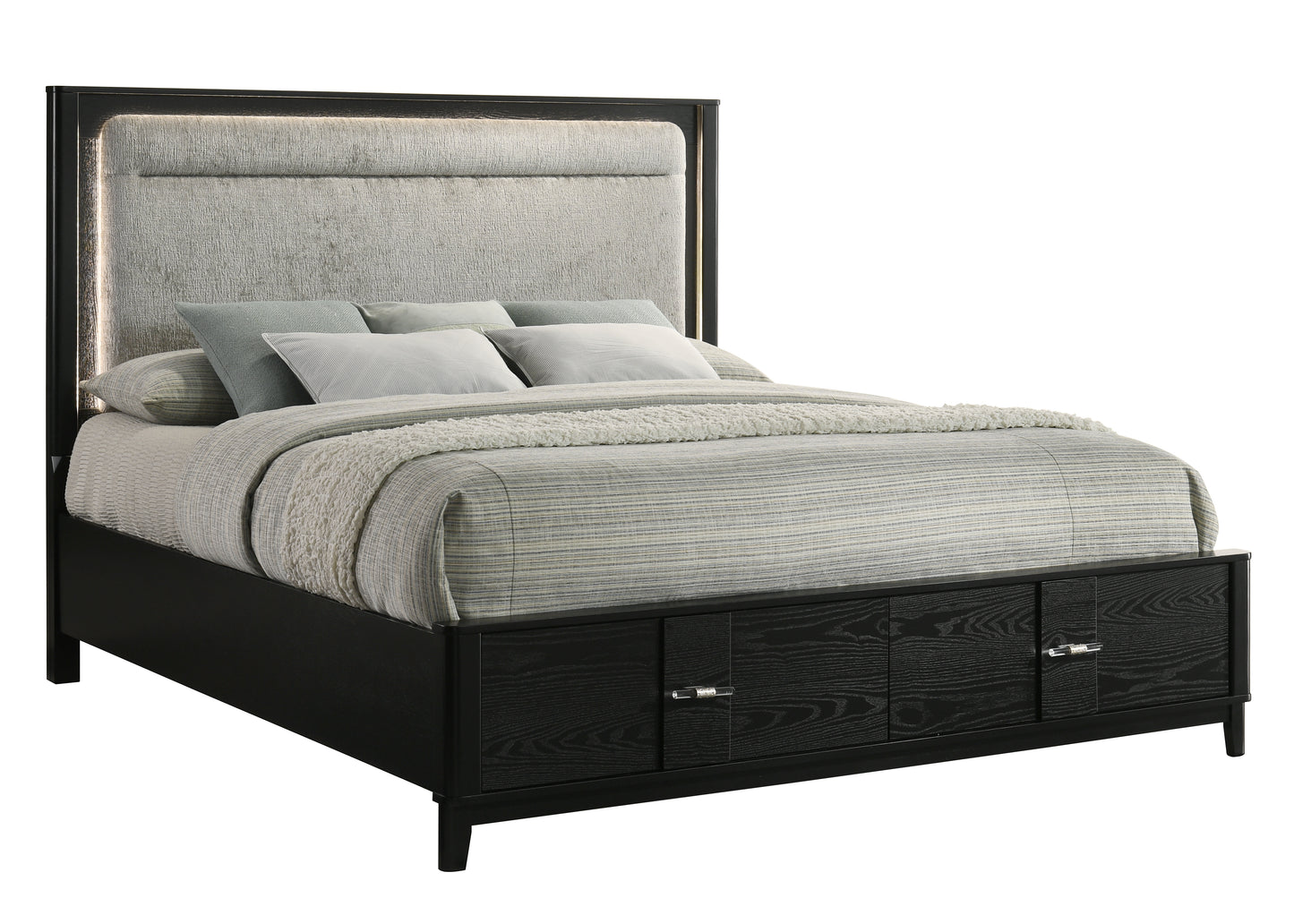 Opel Modern King Storage Bed with LED Upholstered Headboard, Sintered Stone Top, Velvet-Lined Storage Drawers in Black Wood-Grain Finish