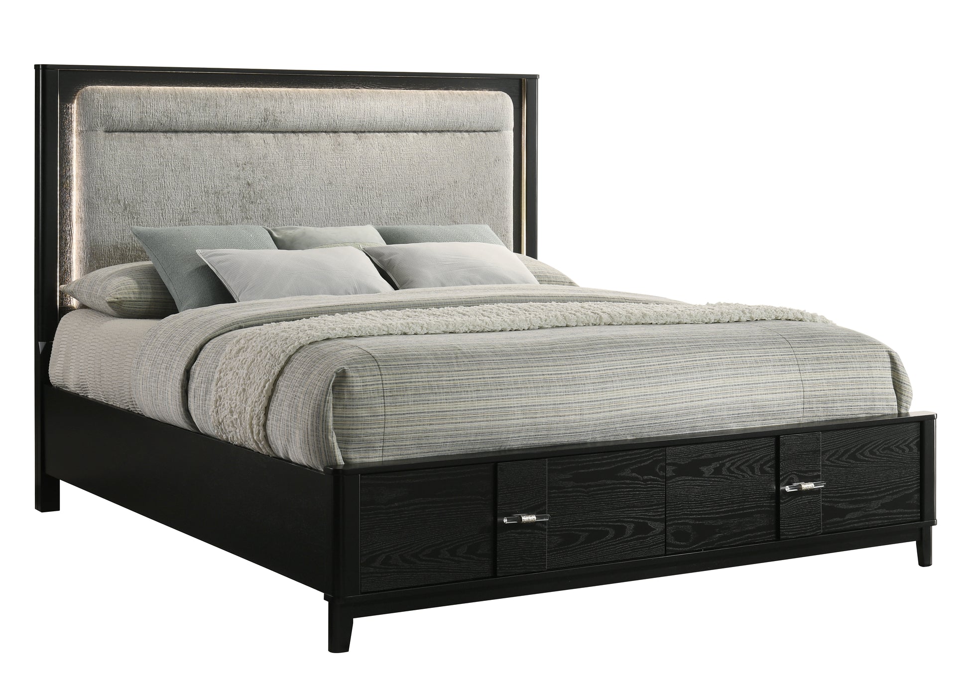 Opel Modern King Storage Bed with LED Upholstered Headboard, Sintered Stone Top, Velvet-Lined Storage Drawers in Black Wood-Grain Finish