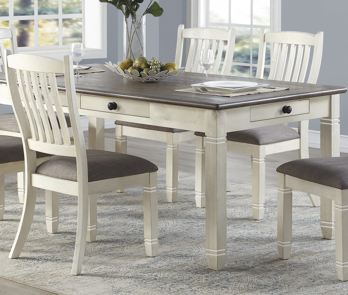 Antique White Dining Table Set - 7 Piece with Drawers & Chairs