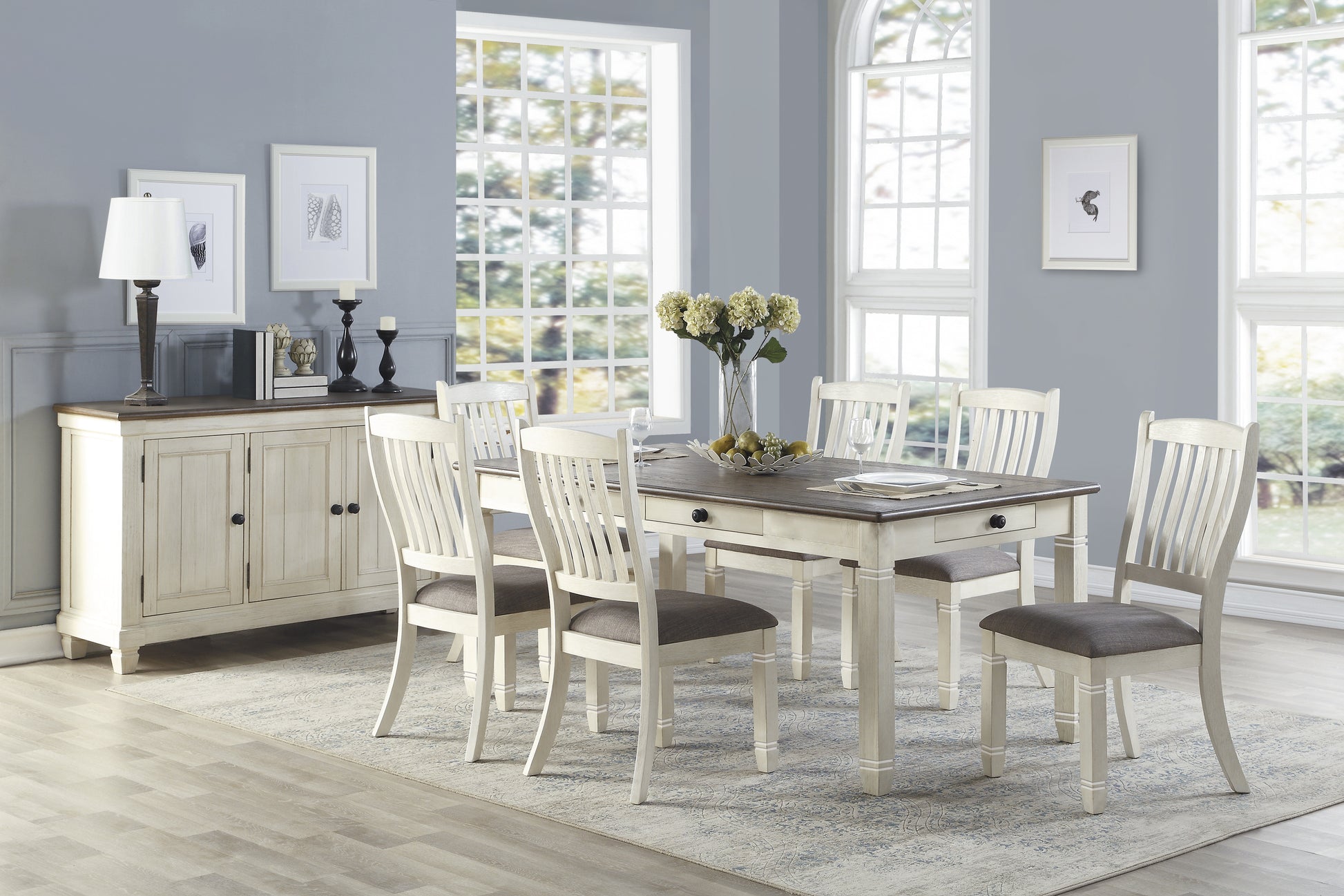 Antique White Dining Table Set - 7 Piece with Drawers & Chairs