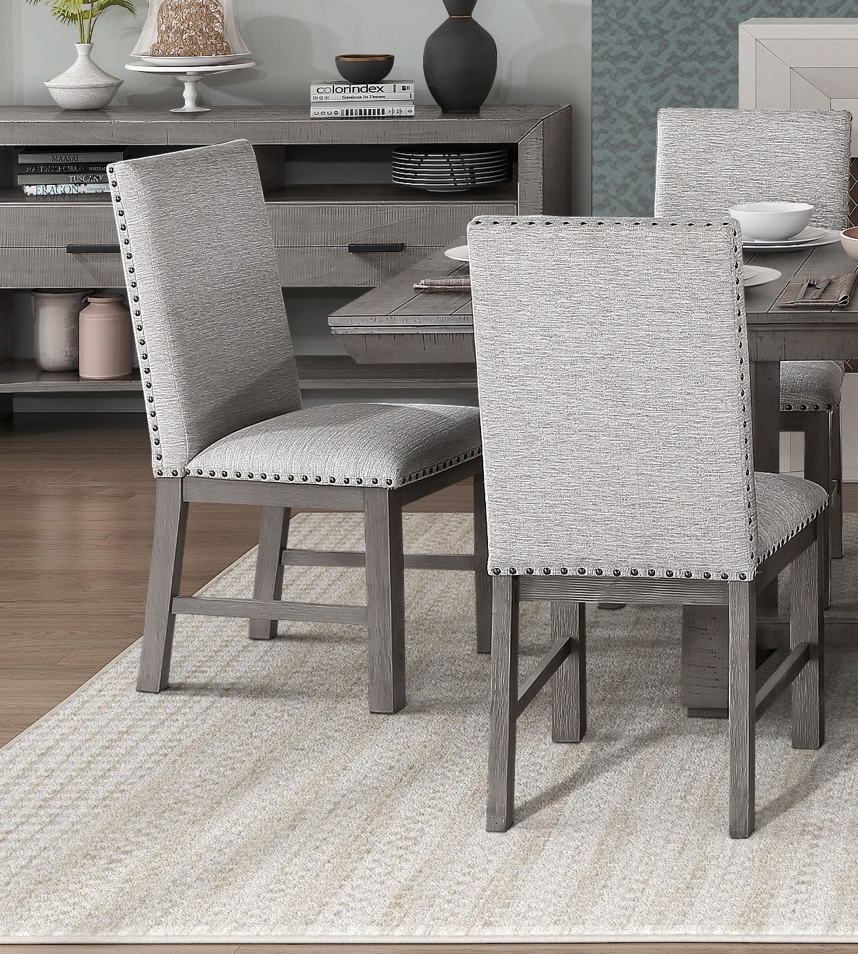 Rustic Gray Dining Table Set - 7 Pieces Extendable, Seats 6