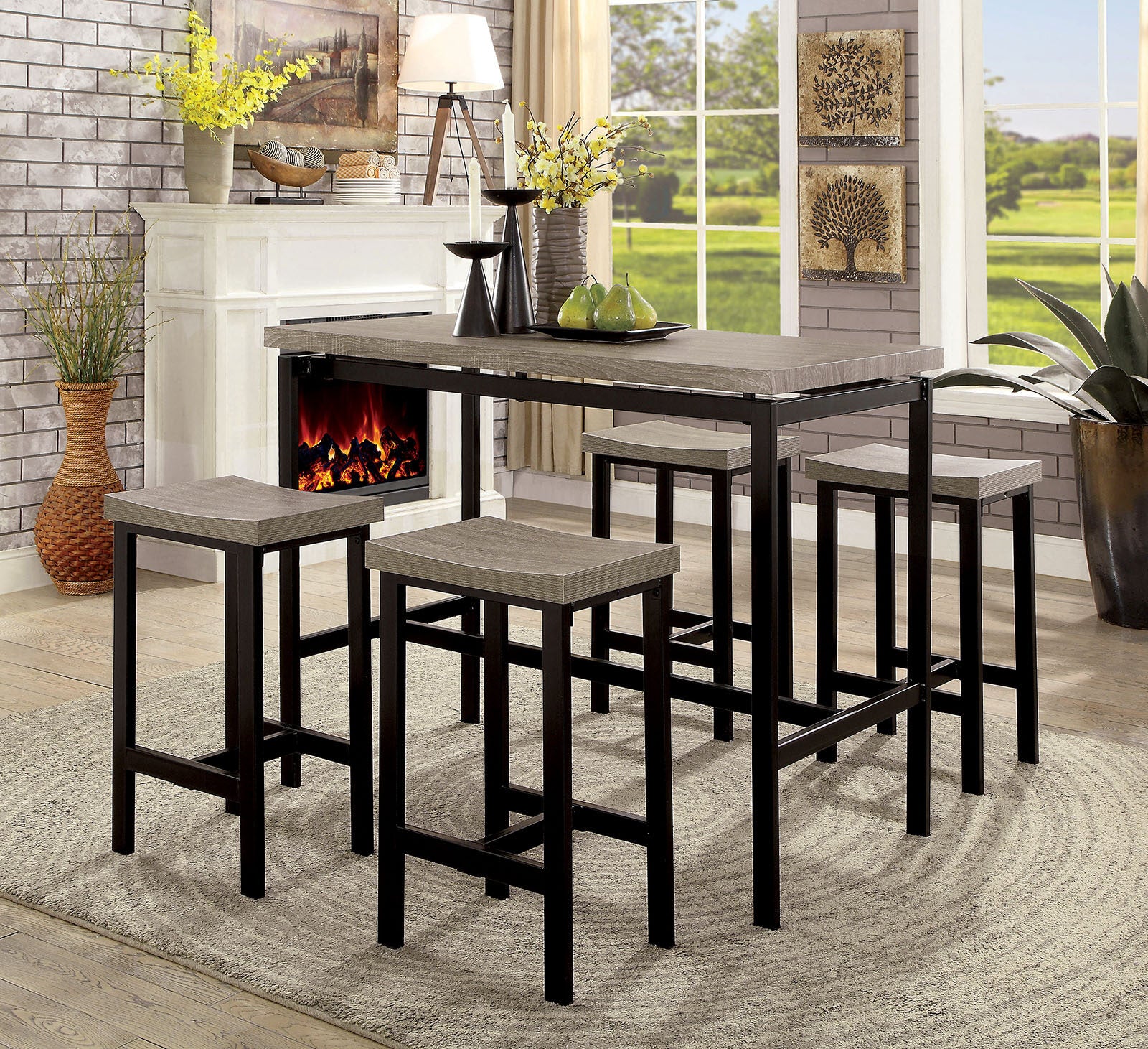 Contemporary Metal Dining Set with Black Gray Chairs and Table