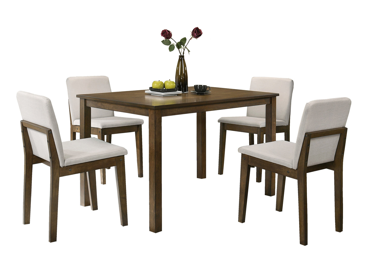 5 Piece Dark Walnut Dining Table Set with Beige Chairs