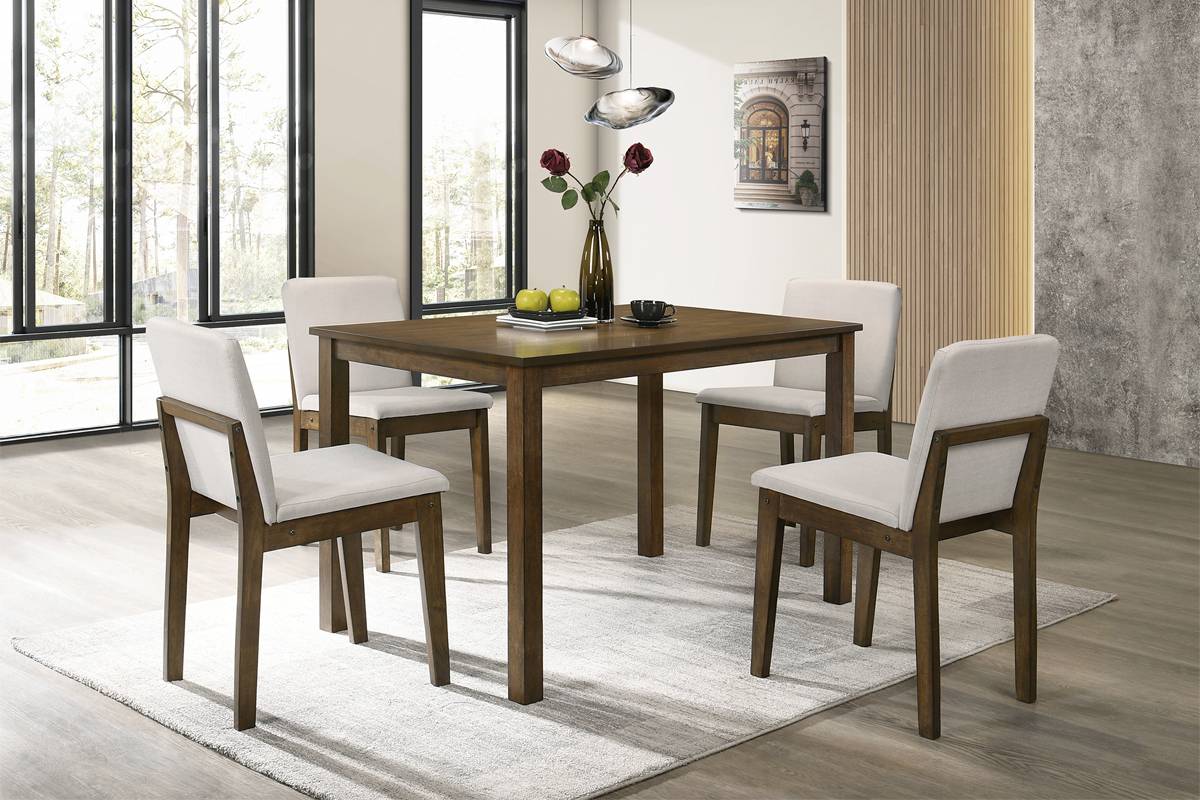 5 Piece Dark Walnut Dining Table Set with Beige Chairs
