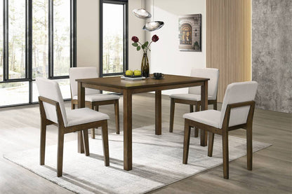 5 Piece Dark Walnut Dining Table Set with Beige Chairs