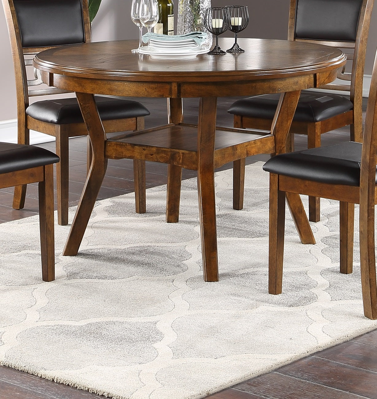 Contemporary Dining 5pc Set Round Table w 4x Side Chairs Walnut Finish Rubberwood