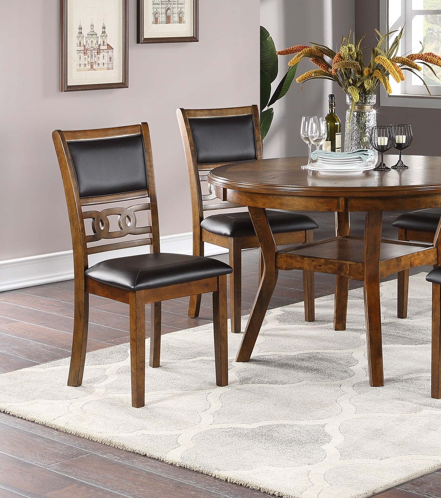 Contemporary Dining 5pc Set Round Table w 4x Side Chairs Walnut Finish Rubberwood