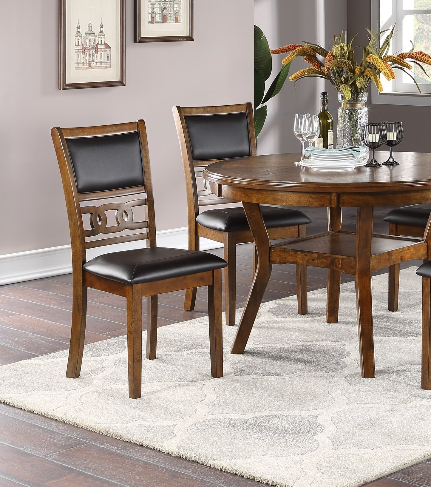 Contemporary Dining 5pc Set Round Table w 4x Side Chairs Walnut Finish Rubberwood