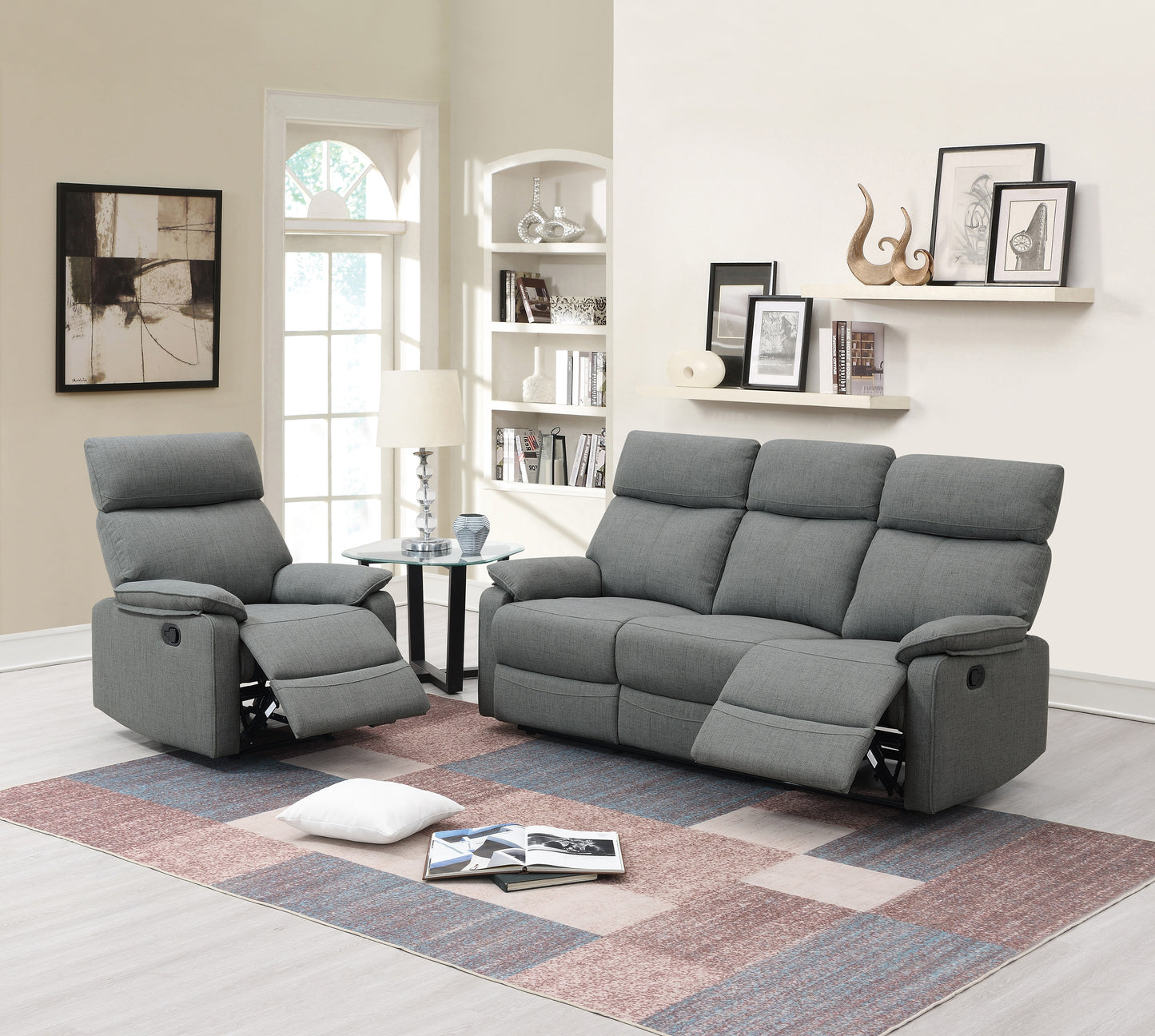 Gray 3-Seat Fabric Recliner Sofa - Modern Style