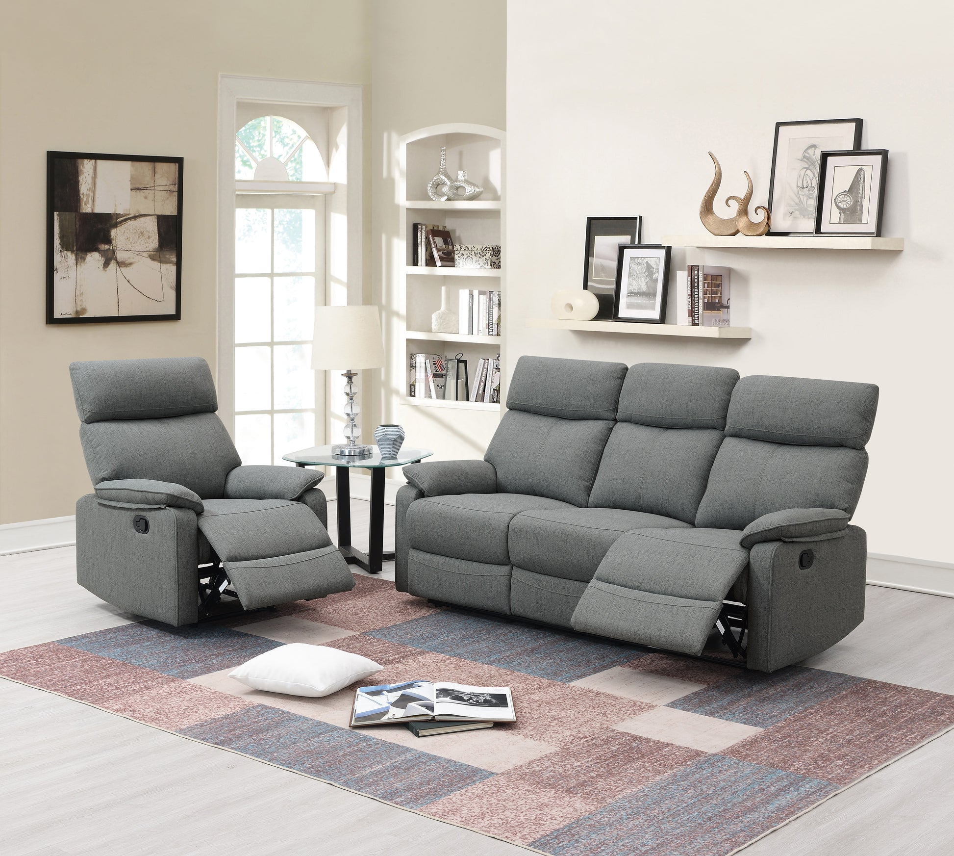 Gray 3-Seat Fabric Recliner Sofa - Modern Style