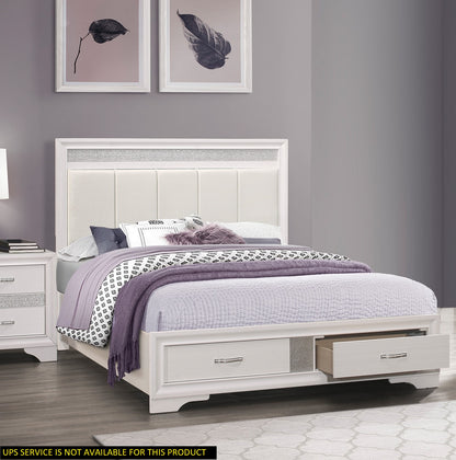 Modern Glam White Queen Platform Bed with Storage - Box Spring Not Needed