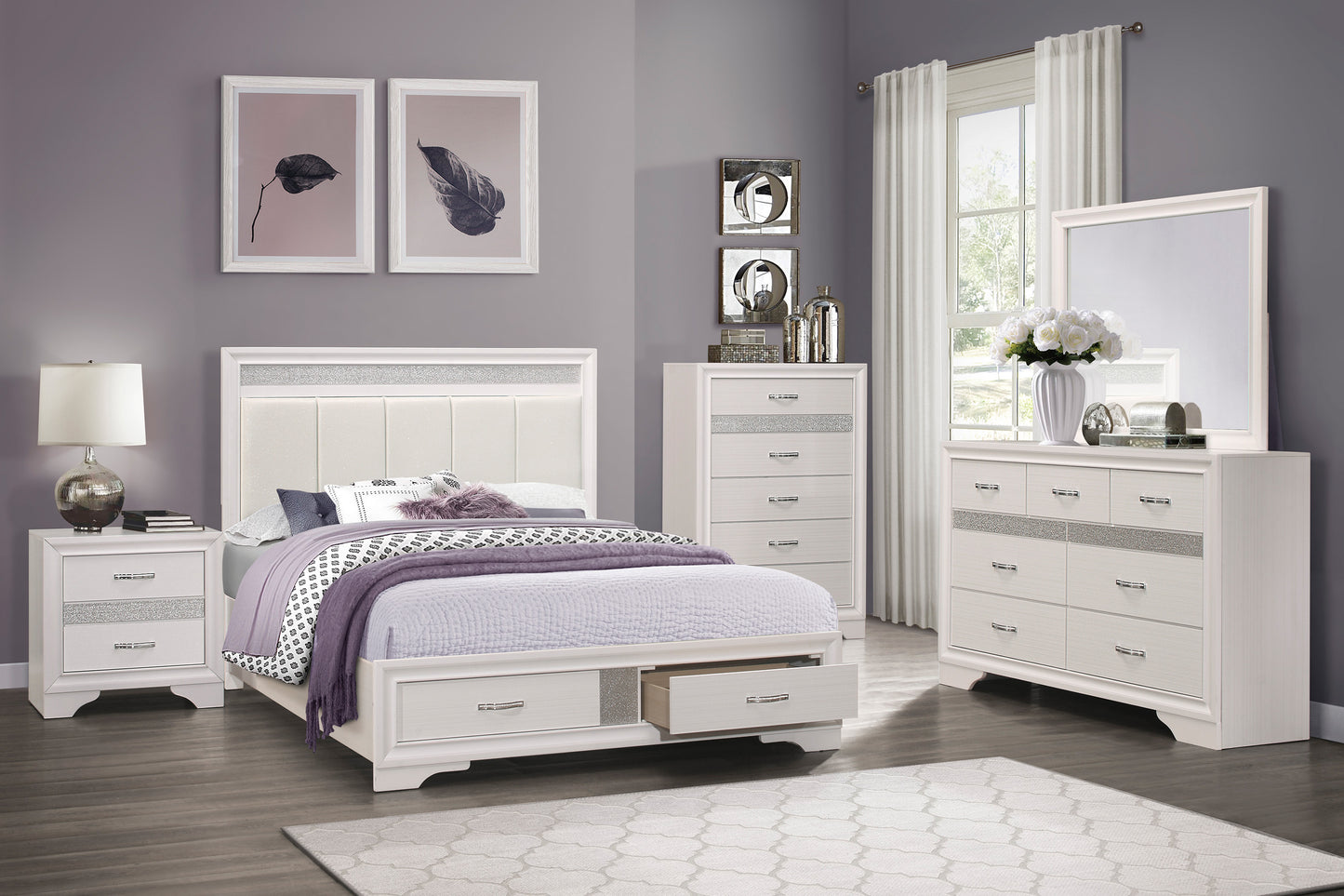 Modern Glam White Queen Platform Bed with Storage - Box Spring Not Needed