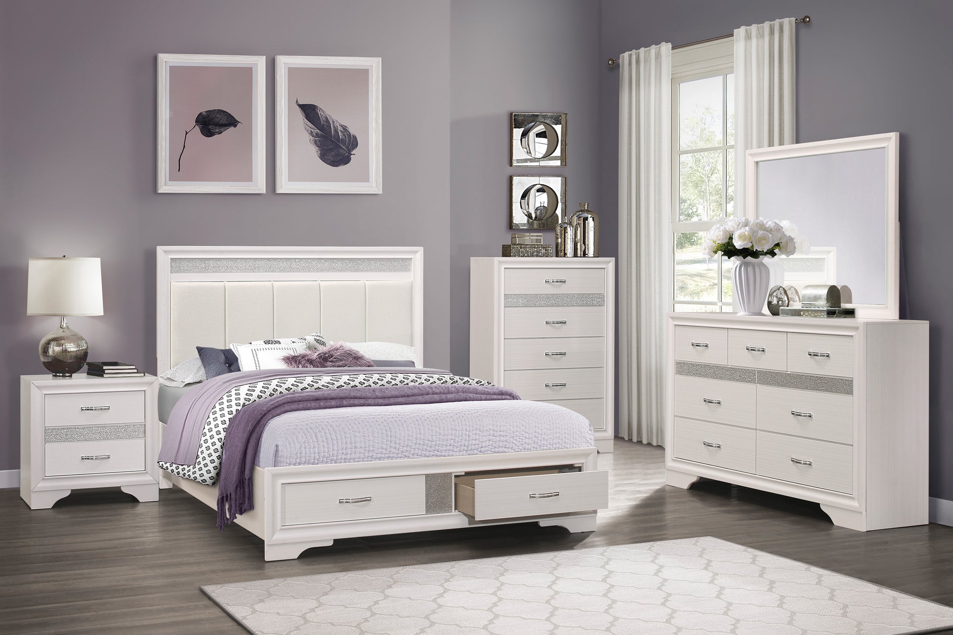 Modern Glam White Queen Platform Bed with Storage - Box Spring Not Needed