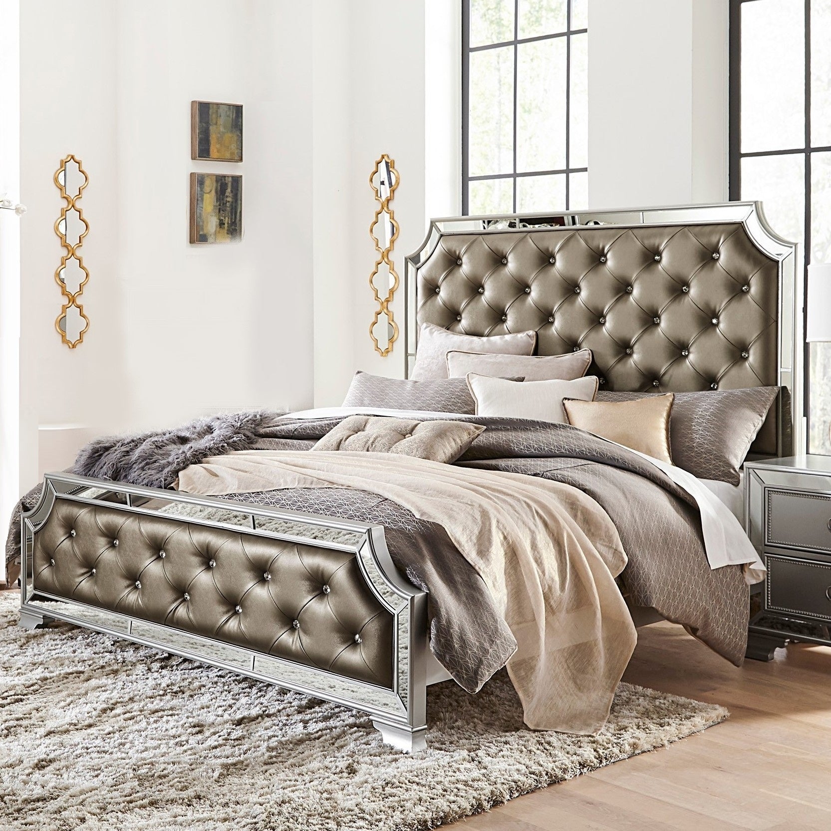 Silver Finish Glam Queen Size Bed Button-Tufted Upholstered Wooden Bedroom Furniture 1pc