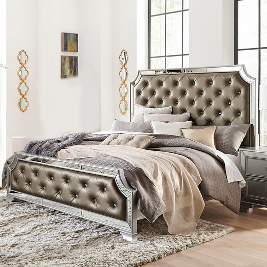 Silver Finish Glam Queen Size Bed Button-Tufted Upholstered Wooden Bedroom Furniture 1pc