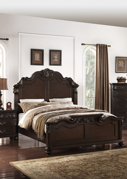 Traditional Style Queen Size Bed 1pc Bun Feet Carved Details Tall Headboard Antique Cherry Finish Bedroom Furniture