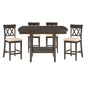 Dark Brown Finish Counter Height Table with Lazy Susan Lower Display Shelf and 4x Counter Height Chairs Contemporary Dining 5pc Set Wooden Furniture