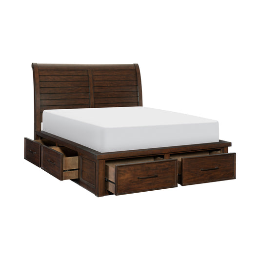 6 Drawers Queen Platform Bed 1pc Sleigh Headboard Brown Finish Classic Bedroom Furniture Storage Bed