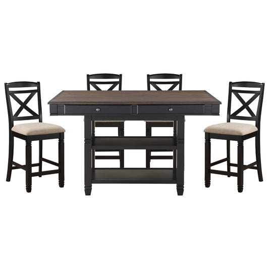 Transitional Style Counter Height Dining Set 5pc Table w Display Shelves Drawers and 4x Counter Height Chairs Black Finish Funiture