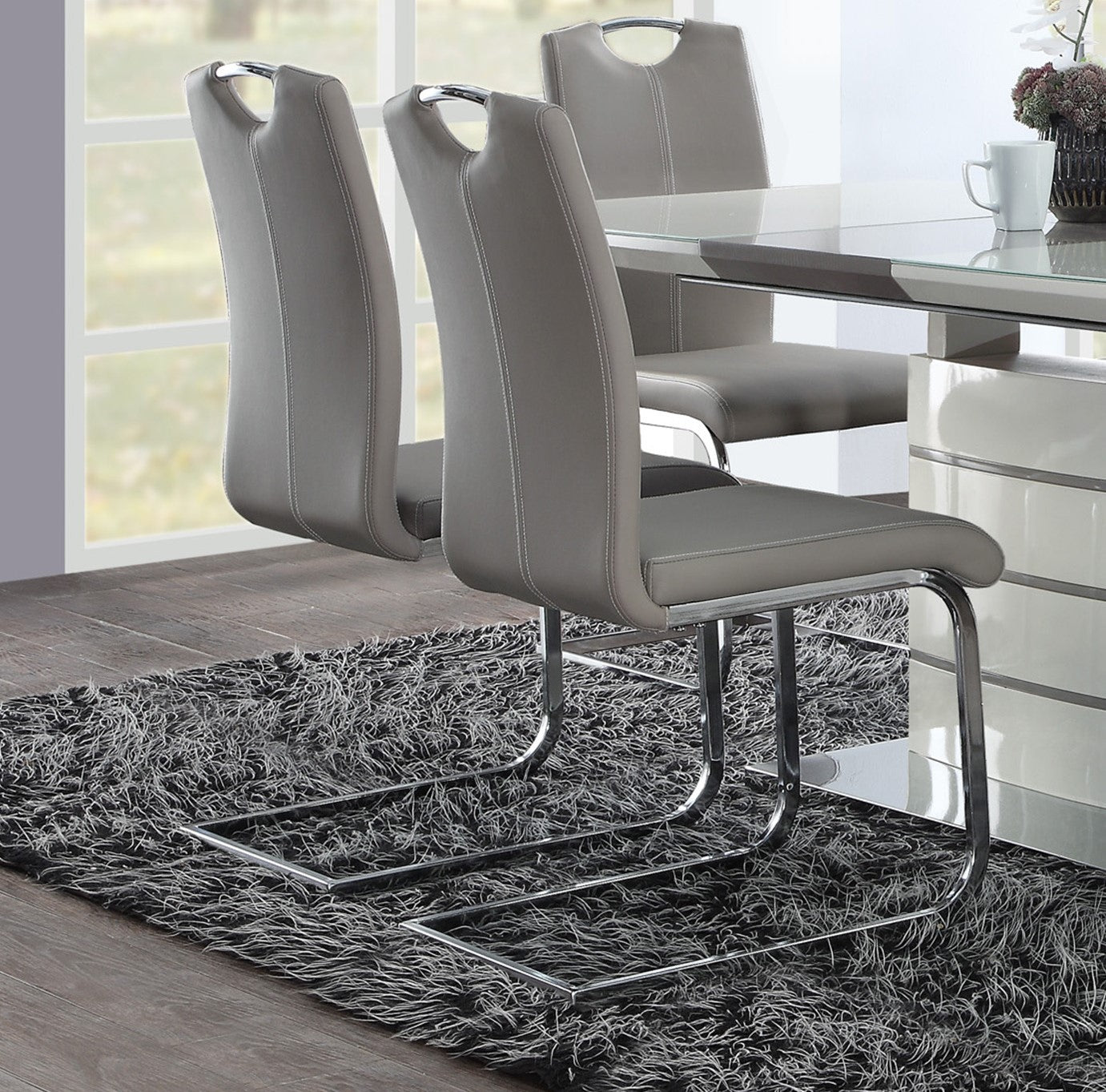 Ultra-Modern Off White Metal & Wood Dining Set with Storage Leaf and Chairs