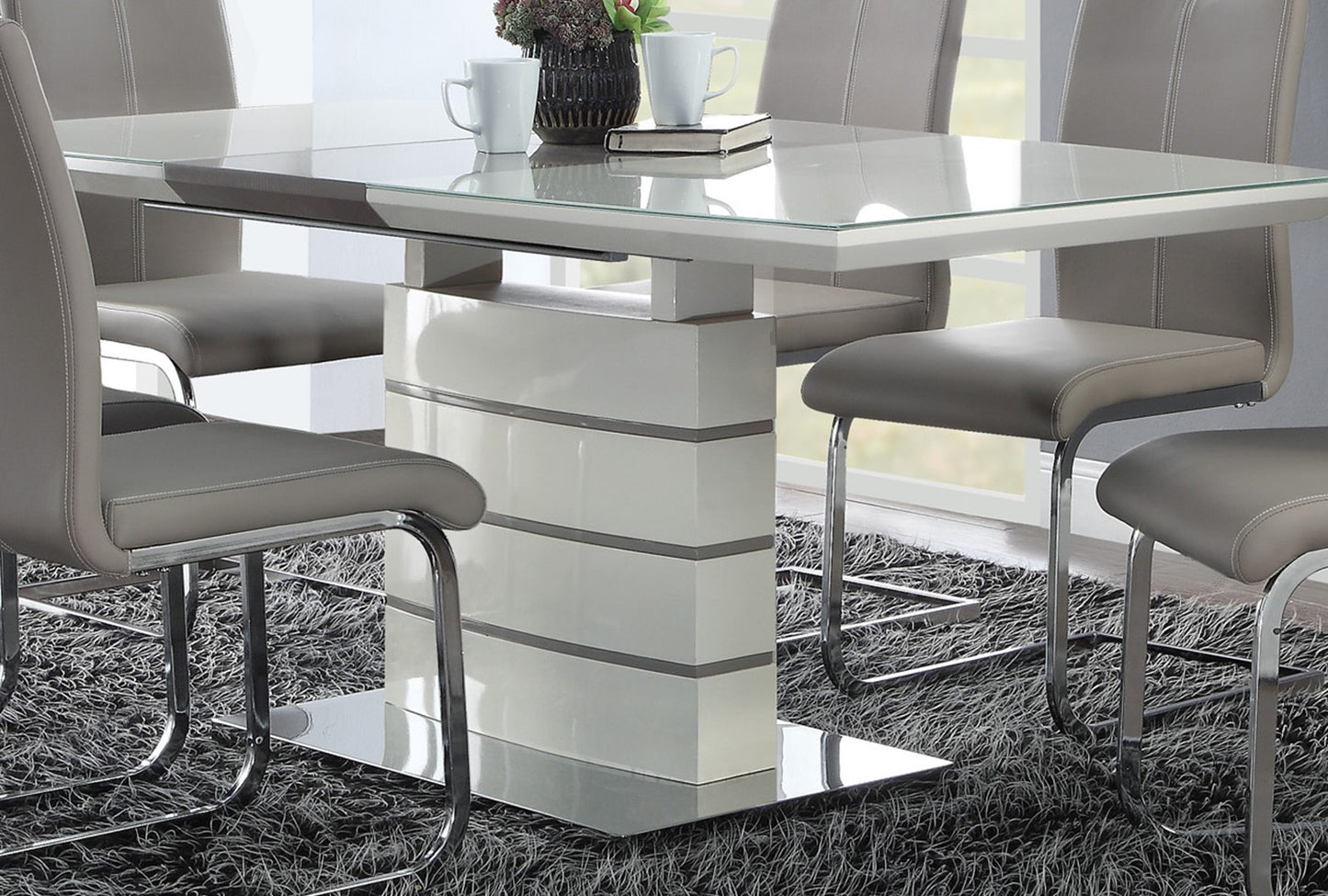 Ultra-Modern Off White Metal & Wood Dining Set with Storage Leaf and Chairs